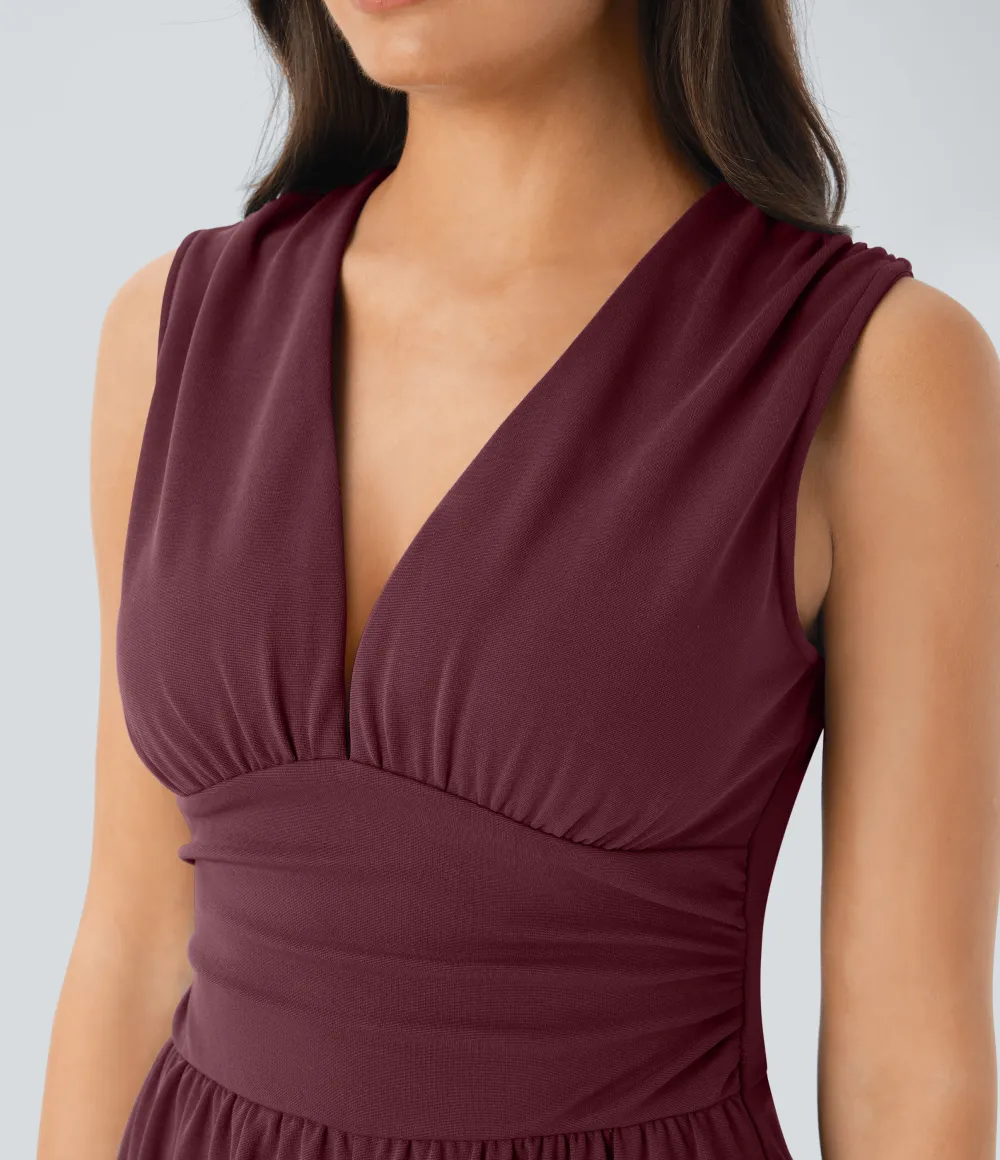 SculptKnit V Neck Sleeveless Ruched Pocket Jumpsuit-Easy Peezy
