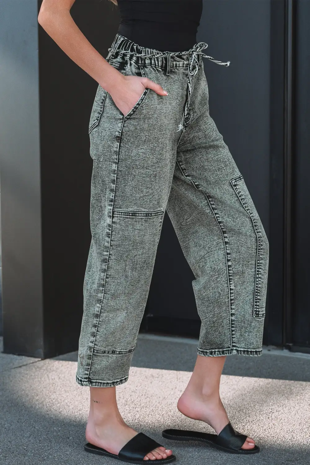 Women's Acid Wash Tie Waist Denim Pants