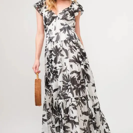 Ruffled Sleeve Tiered Floral Print Maxi Dress