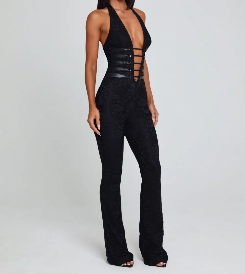 Black Lace Mesh Halter Jumpsuit