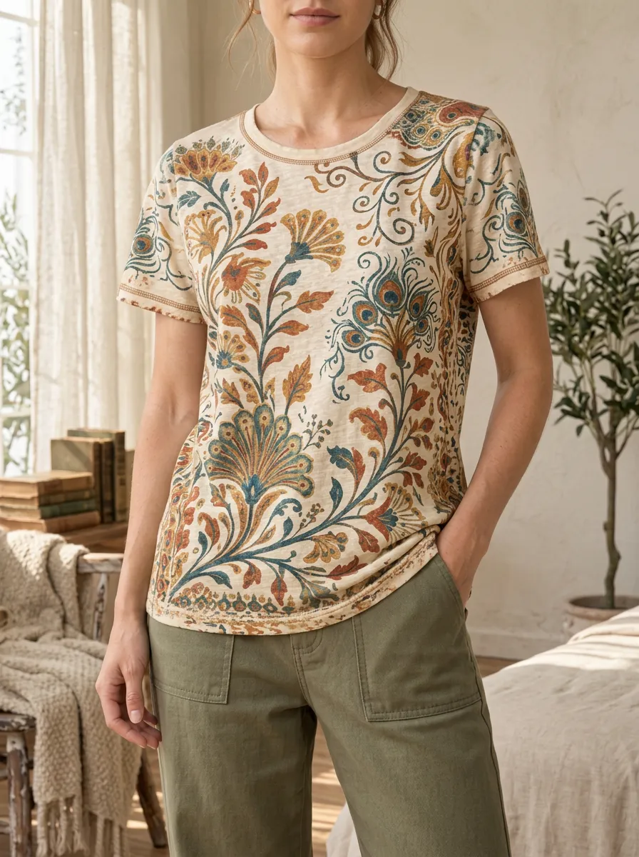 Women's Vintage Floral Peacock Feather Printed Crewneck T-shirt