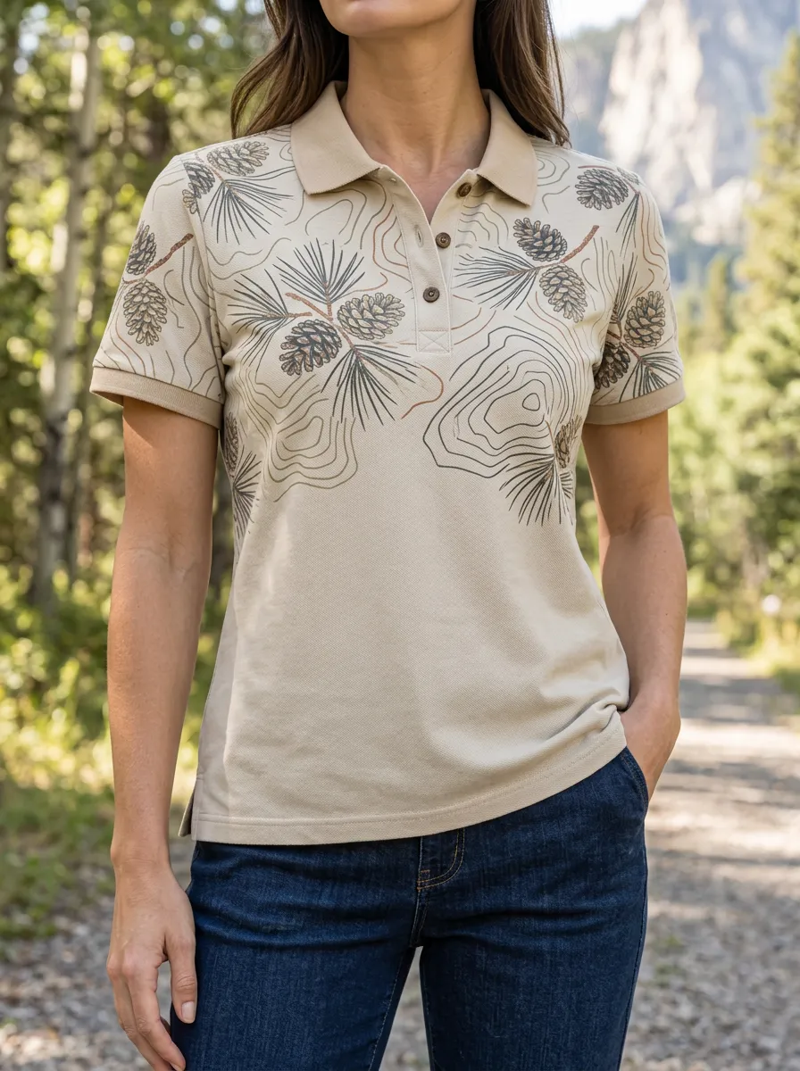 Women's Modern Nature Lover Pinecone Topographic Polo Shirt