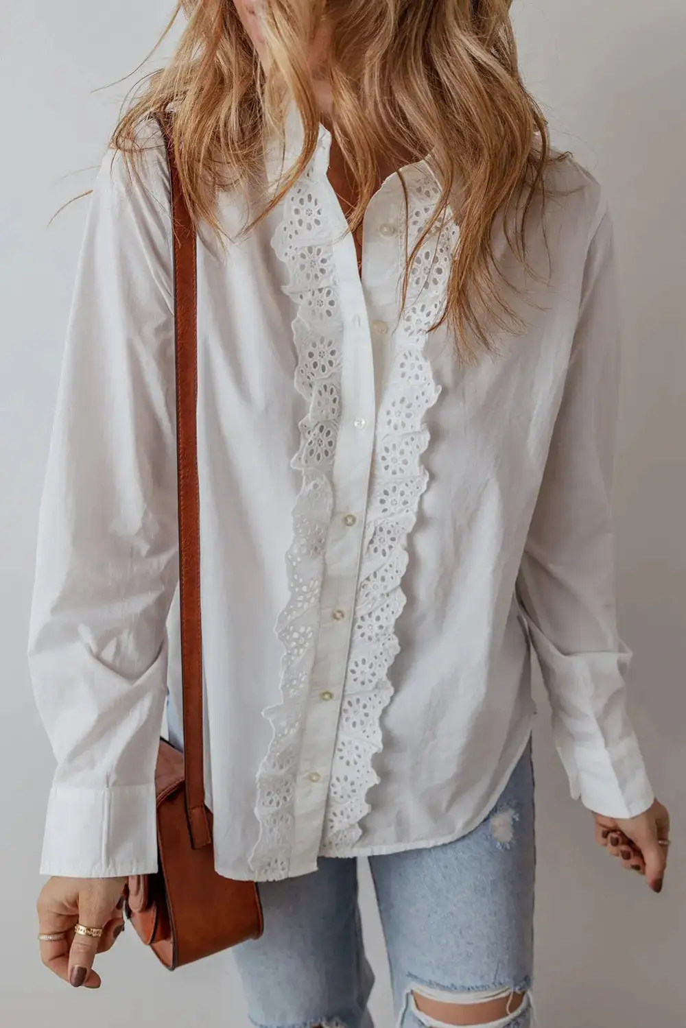 Lace Trim Collared Turn-down Collar Shirt Blouse