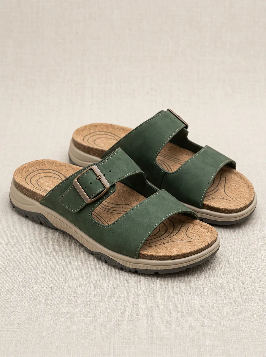 Men's Buckle Cork Footbed Graphic Detail Casual Sandals