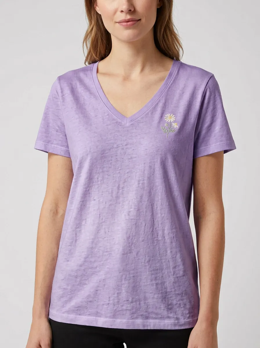 Women's Floral-Embroidered Clean-Finish V-Neck T-Shirt