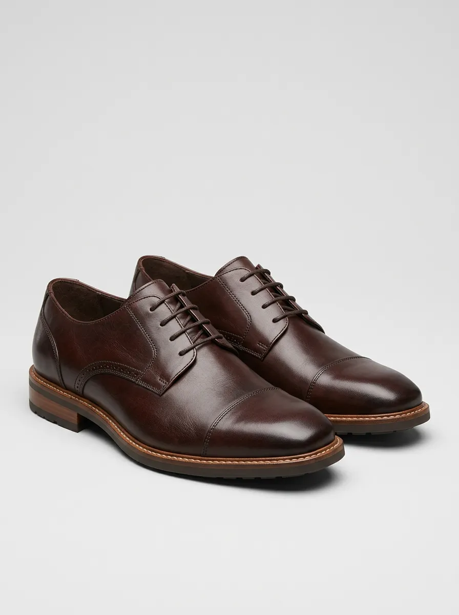 Men's Cap-Toe Brogue Lace-Up Leather Polished-Finish Oxford Shoes