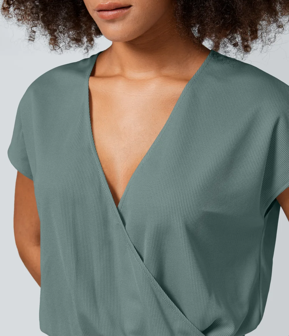 V Neck Short Sleeve Side Pocket Wide Leg Flowy Waffle Casual Jumpsuit