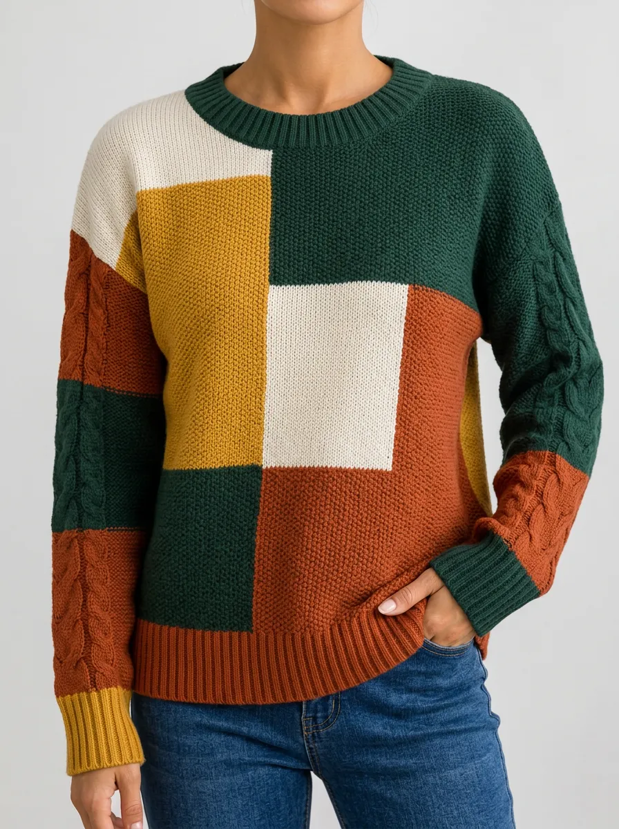 Soft Knit Round Neck Pullover with Patterned Contrast