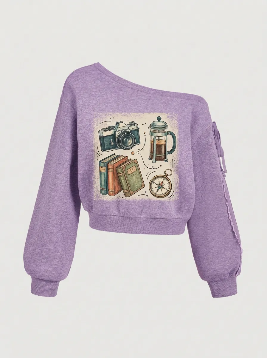 Women's Travel Hobbyist Camera Book Coffee Compass Printed Sweatshirt