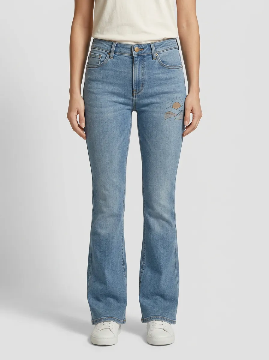 Women's Sun Mountain Landscape Embroidered High-Rise Flare Jeans