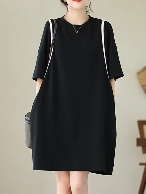 Relaxed Short Sleeve Split Joint Round Neck Mini Dress