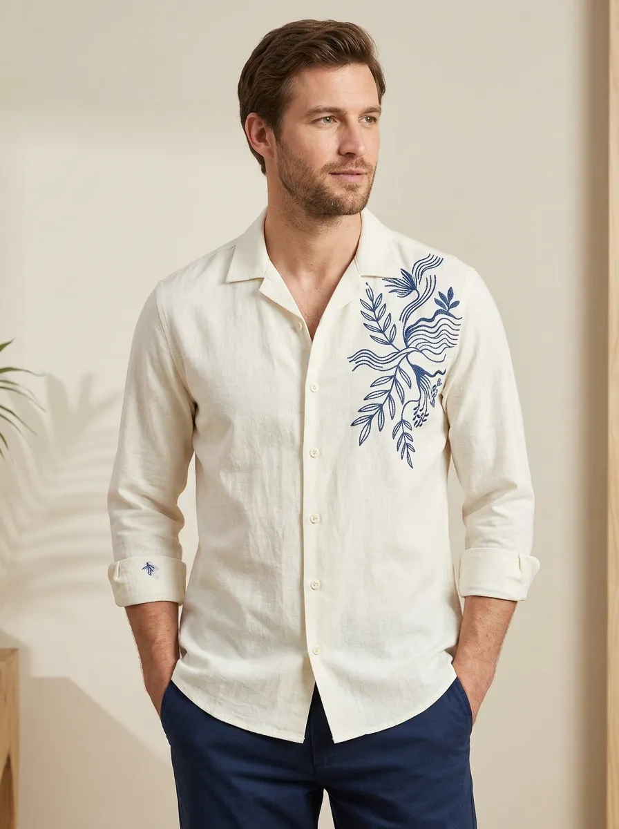 Men's Linen Botanical Embroidered Shirt