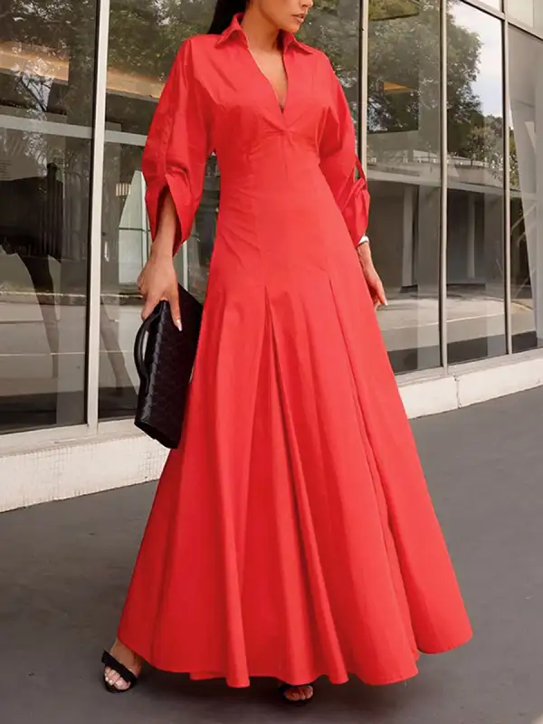 Pleated Neck Shirt Maxi Dress