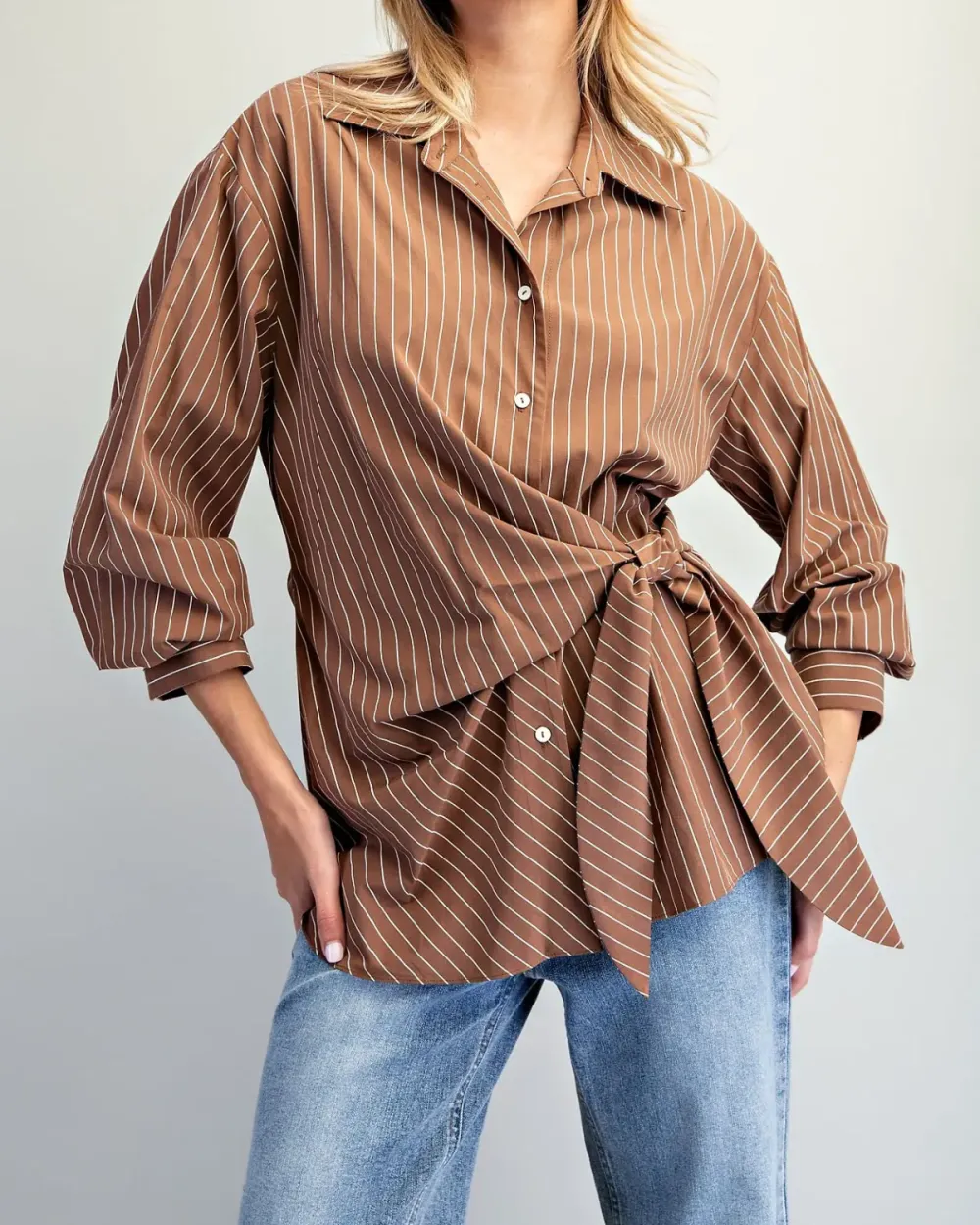 Pinstriped Tie Waist Blouse