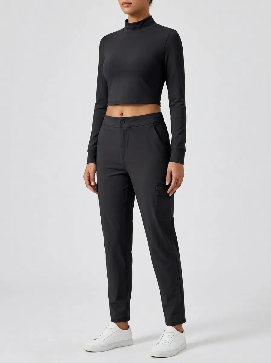 Women's Mock-Neck Crop Top and Tapered Cargo Pant Set