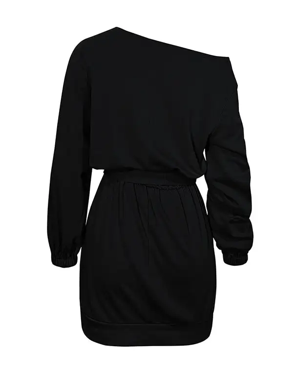 Long Sleeve Relaxed Elasticity Solid Color Tied Waist One Shoulder Mini