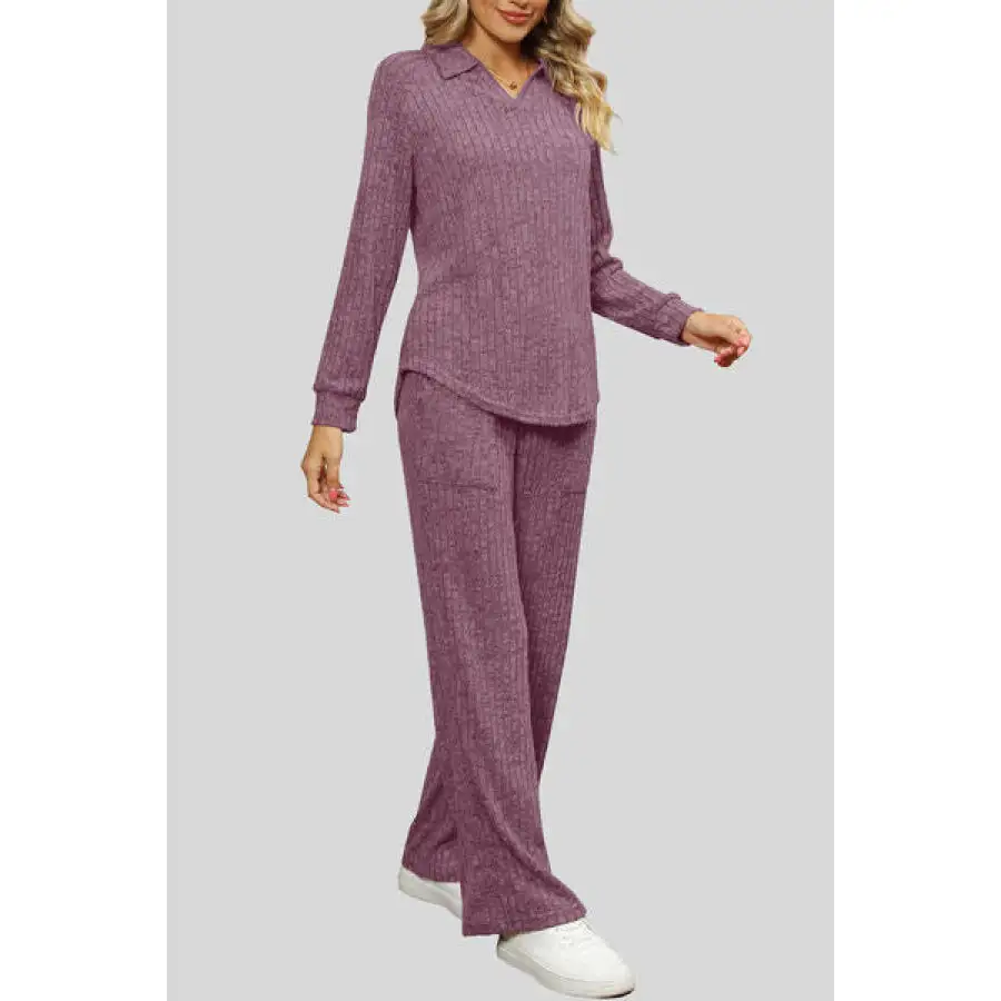 Ribbed Long Sleeve Top and Pocketed Pants Set
