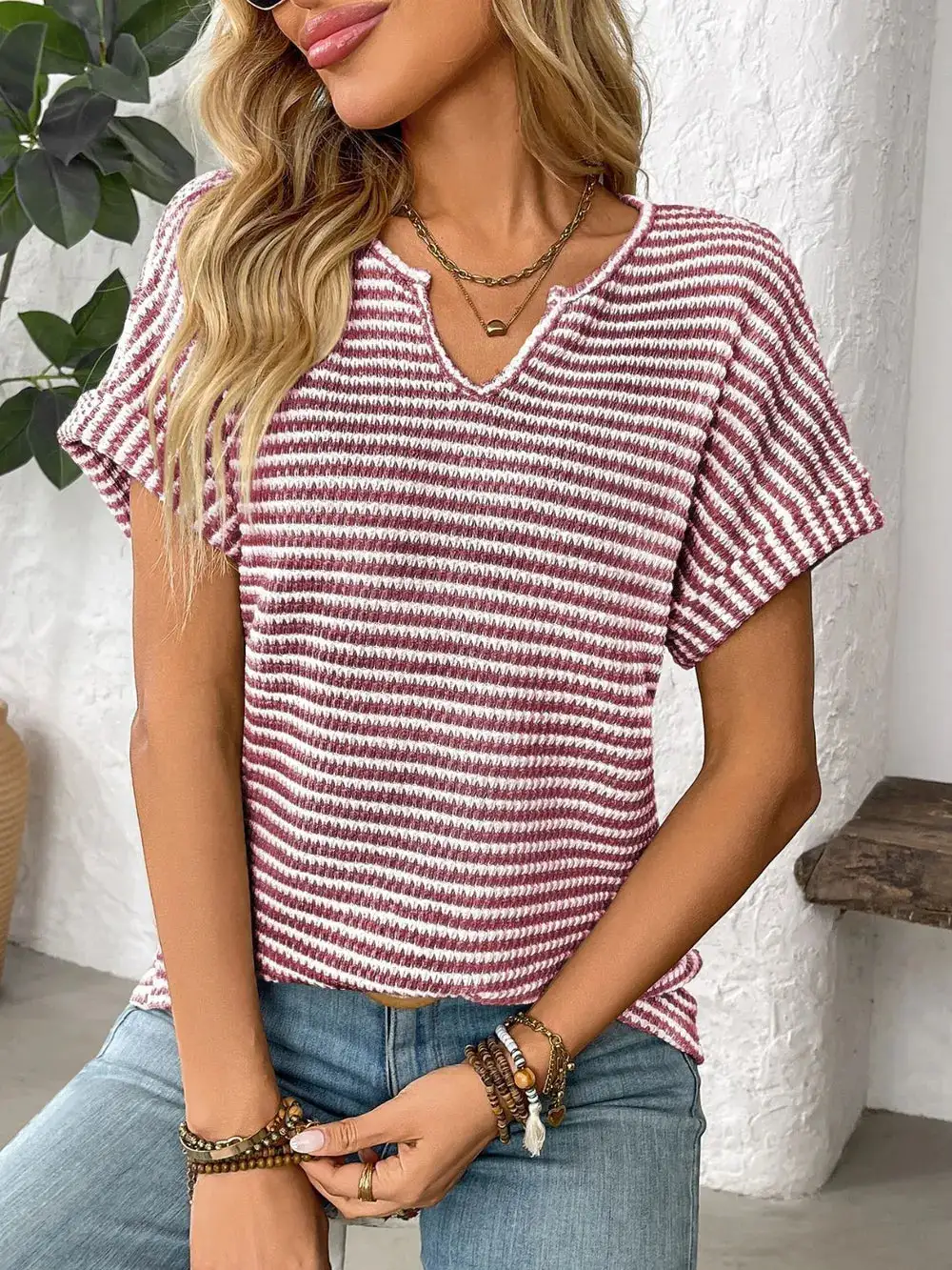 Everyday Striped Notched Short Sleeve T-Shirt