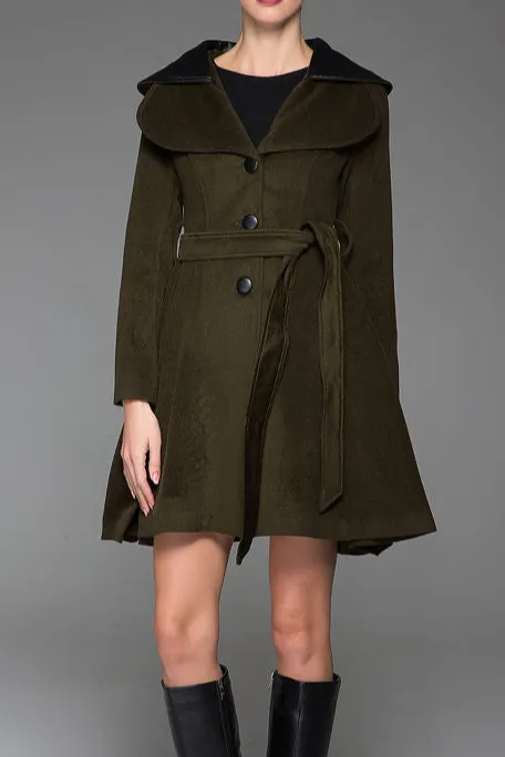 Wool Blend Single Breasted Belted Lapel Collar Coat
