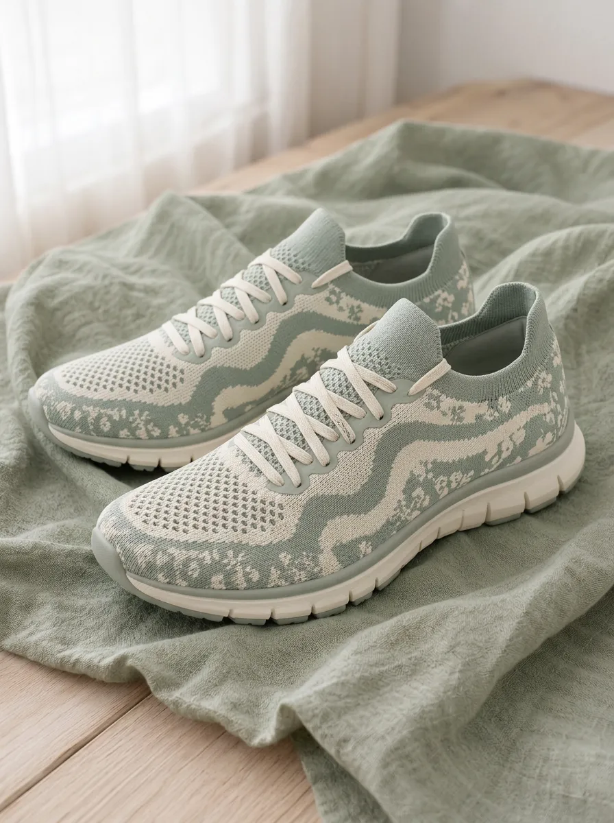 Women's Sage Green Floral Wave Pattern Printed Sneakers