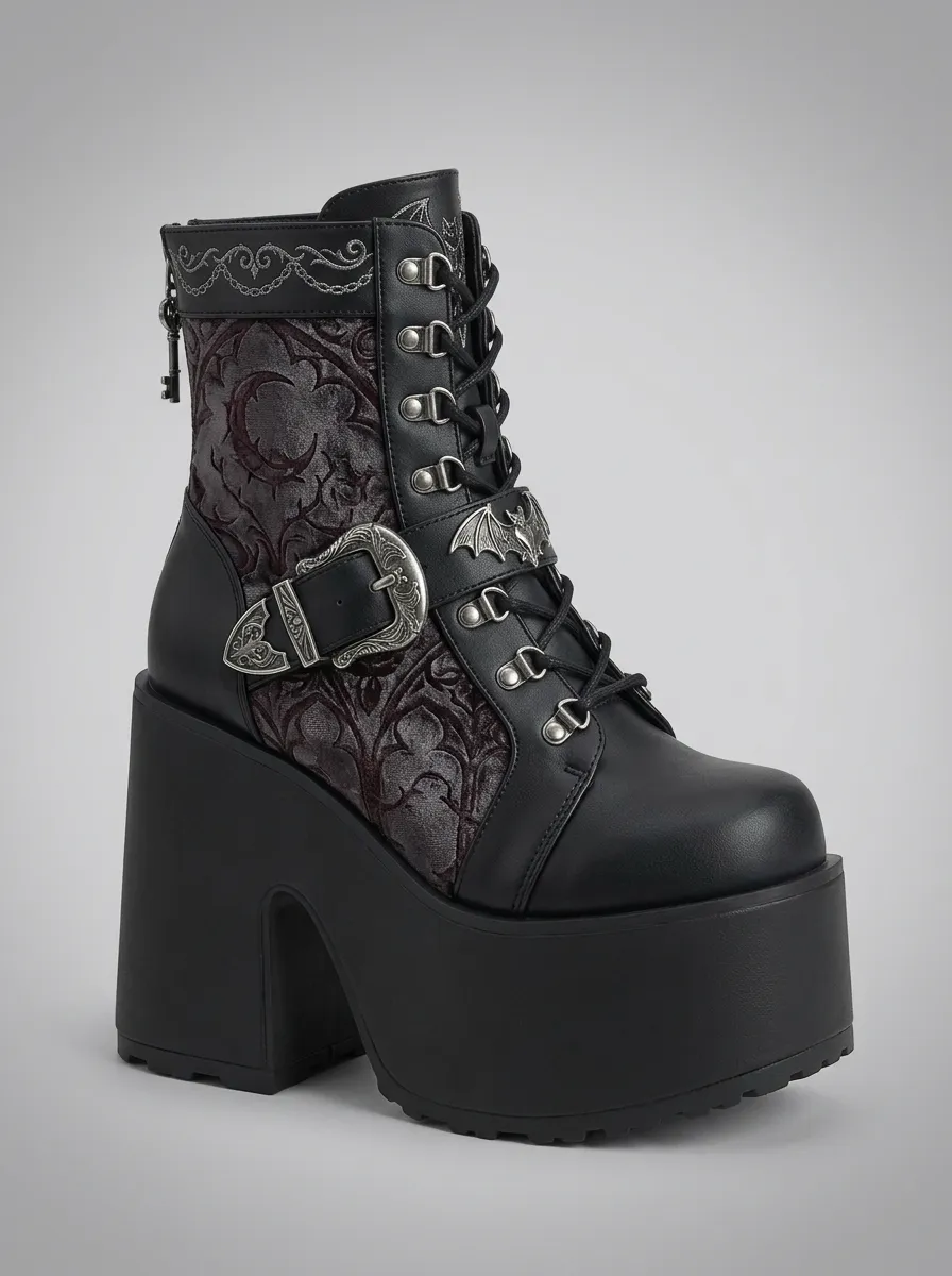 Nightfall Bat Moon Damask Finish Women's Gothic Platform Boots