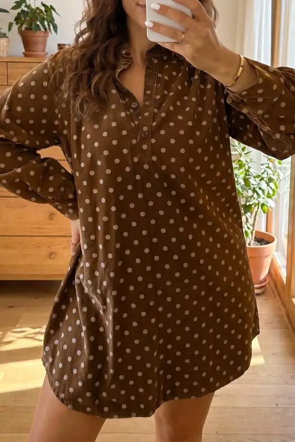 Women's Polka Dot V Neck Long Sleeve Shift Mini Dress