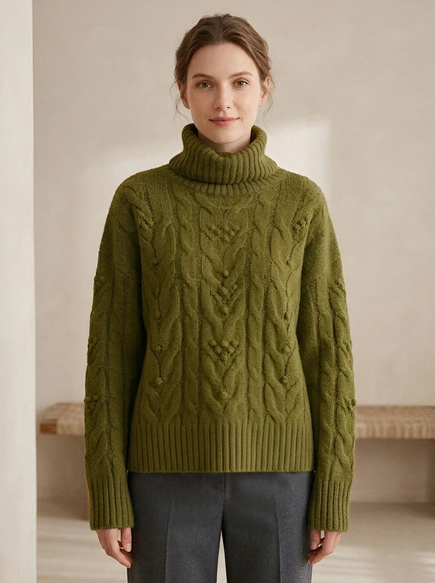 Women's Sage Green Cable Knit Bobble Pattern Turtleneck Sweater