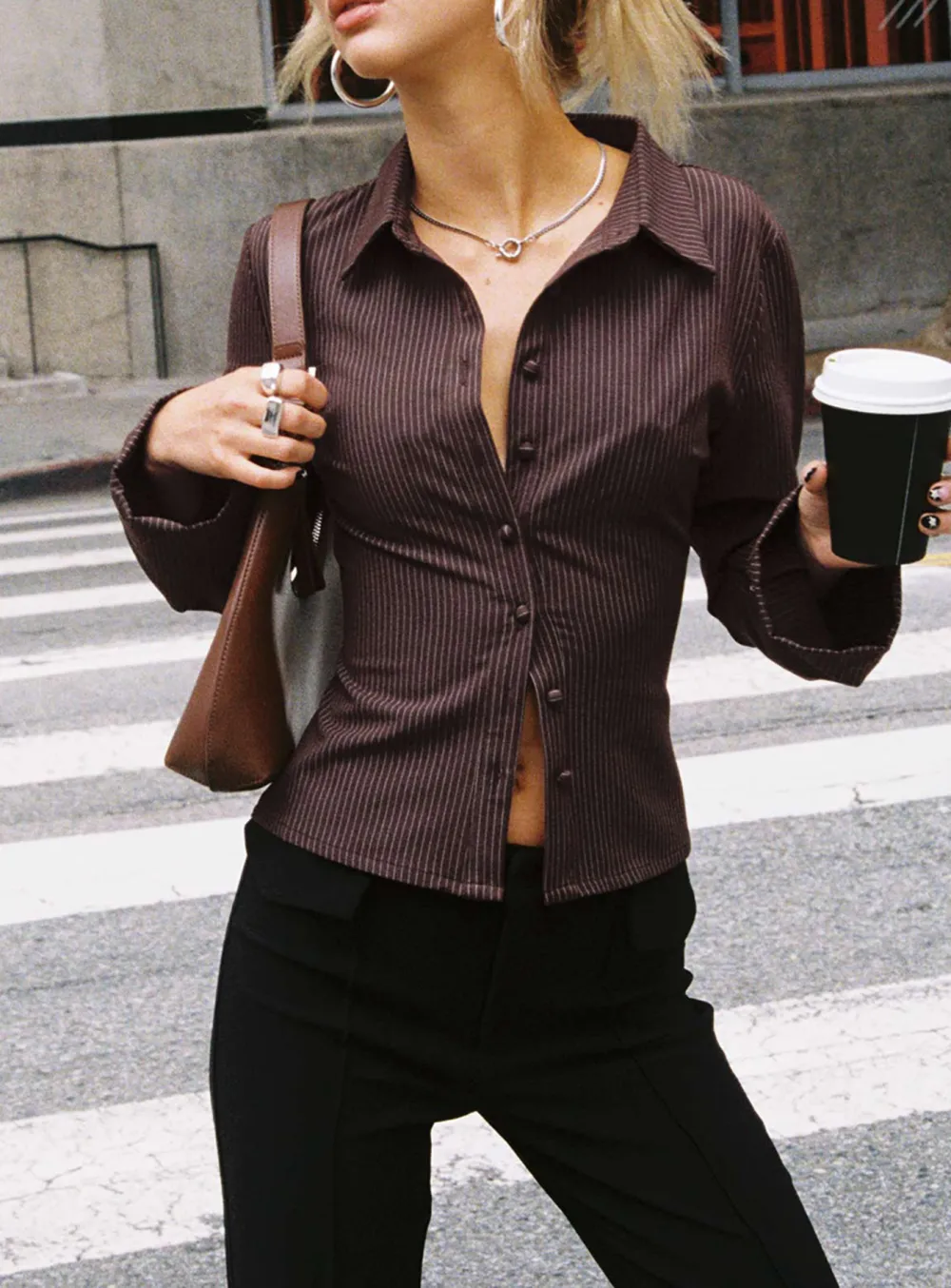 Black Pinstripe Cropped Button Up Shirt