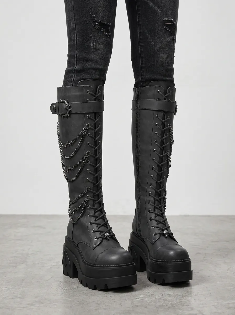 Heritage Barbed Wire Lace Lace-Up Design Women's Gothic Platform Boots