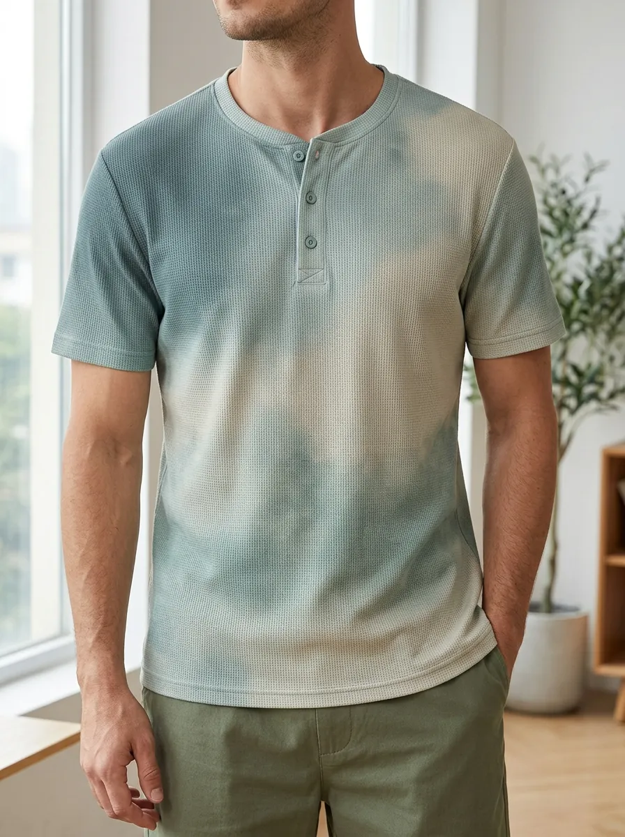 Men's Artful Casual Tie-Dye Waffle Knit Henley T-Shirt