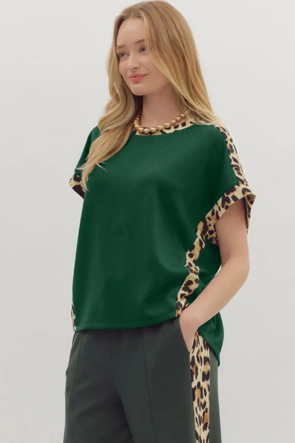 Sea Green Leopard Trim Round Tee