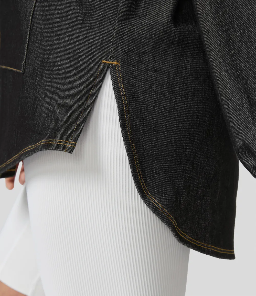 Magic Collared Multiple Pockets Button Front Split Curved Hem Stretchy Knit Denim Work Oversize Jacket