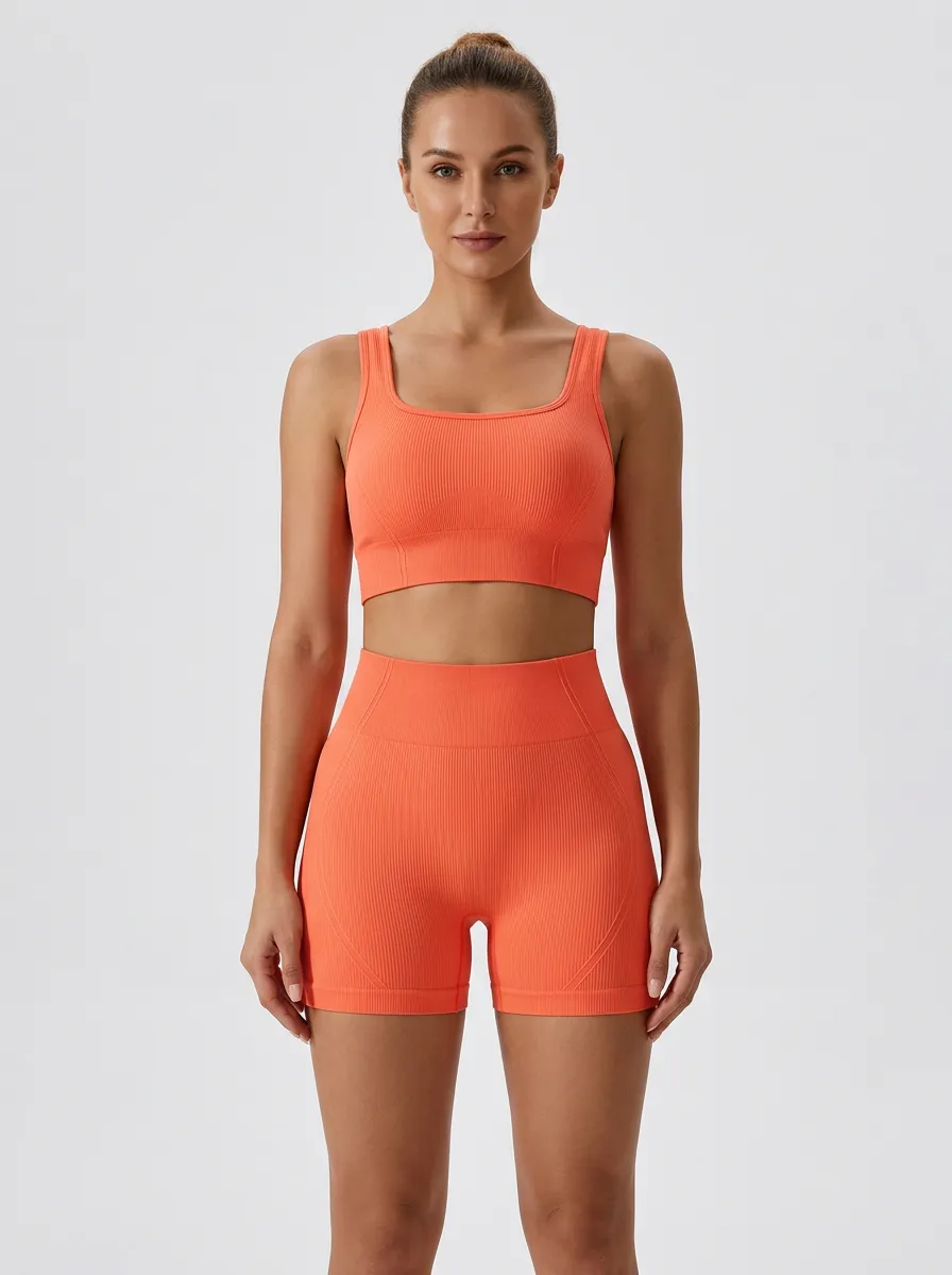 Weekend Ribbed Texture Seamless Design Activewear Women's Tank Top And Sports Shorts Set