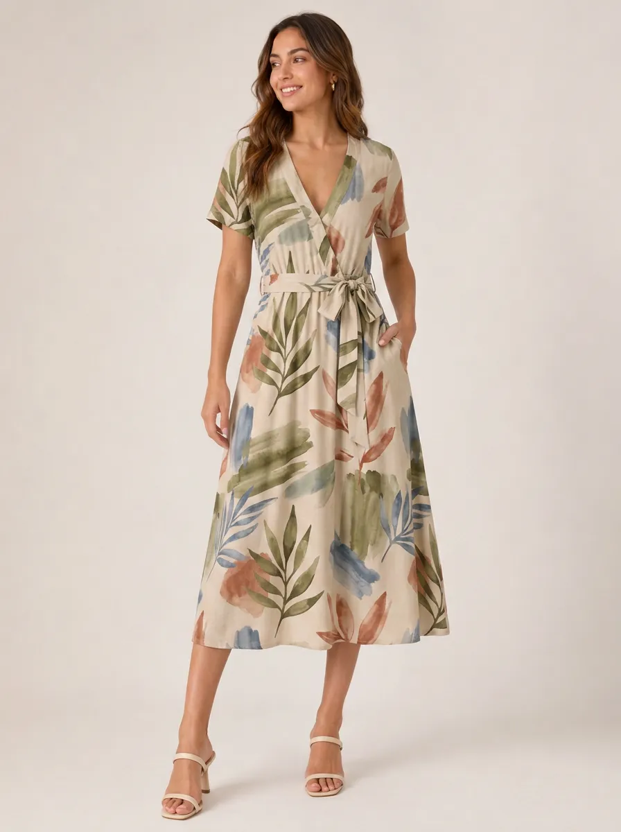 Women's Botanical Nature Lover Watercolor Leaf Printed Wrap Dress