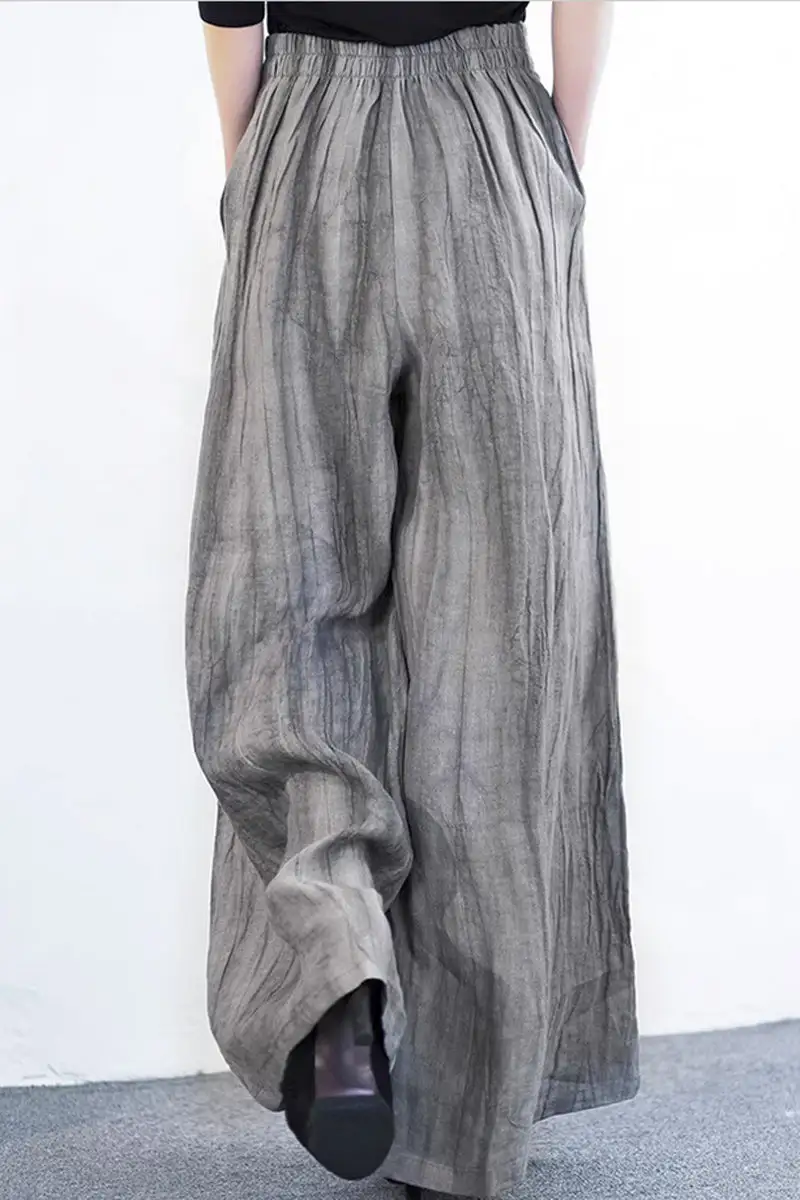 Linen Blend Wide Leg High Waist Pocketed Trousers