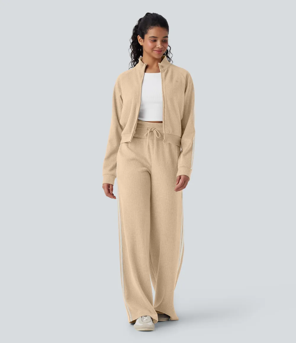 2026🔥  Ribbed SoCinched High Waisted Tummy Control Drawstring Wide Leg Color Block Casual Trousers with Pockets