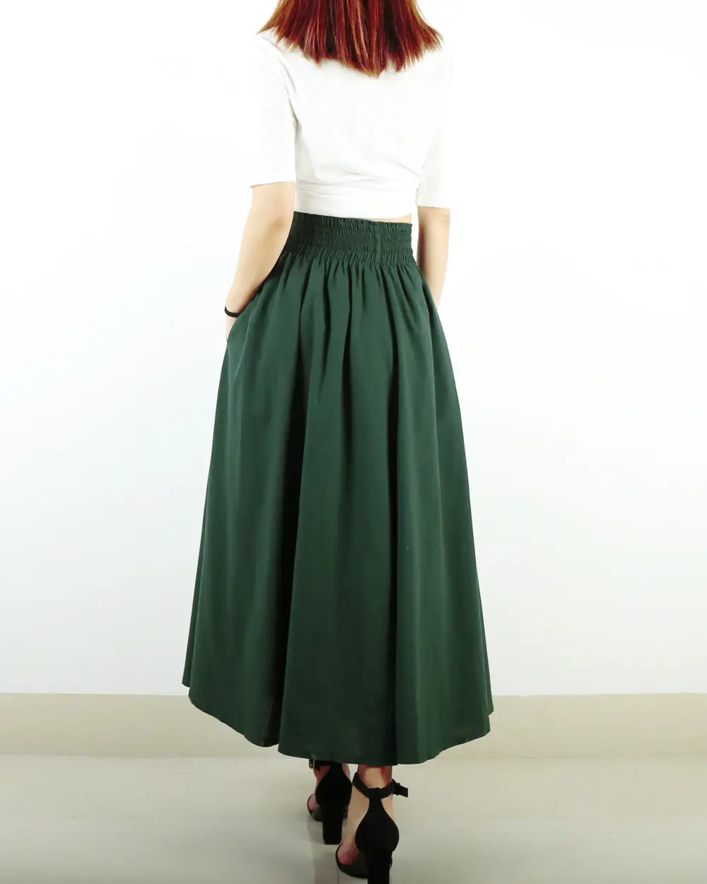 Pocketed Linen Flared Maxi Skirt