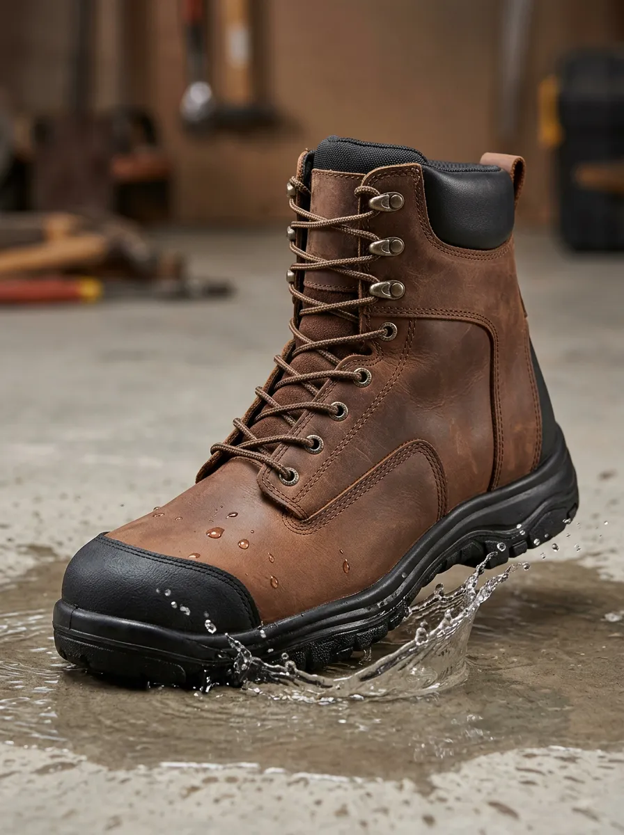 Unisex Waterproof Leather Brown Lace-up Work Boots