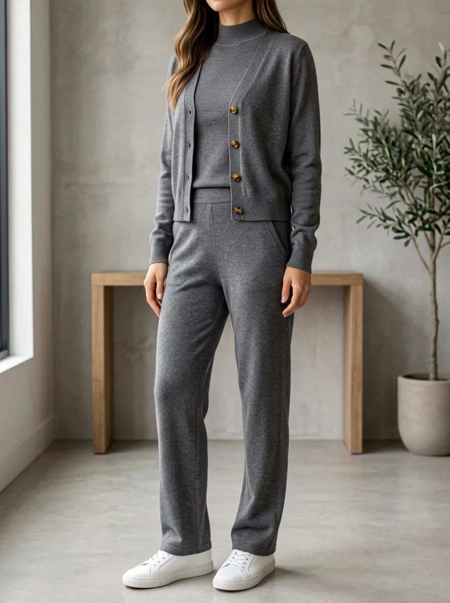 Women's Laid Back Knit Cardigan And Pants With Tank Top Three Piece Outfit