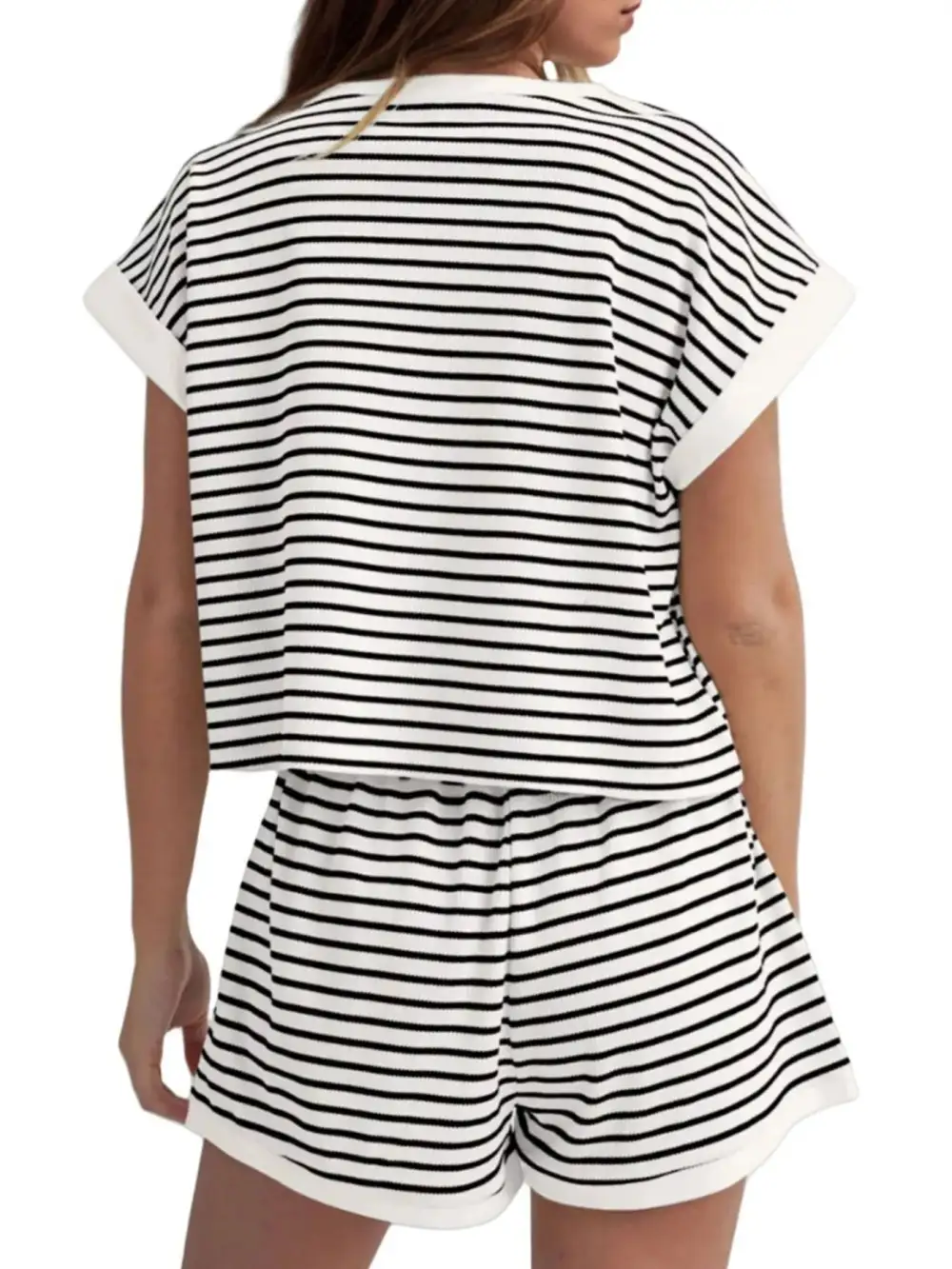 Striped Round Neck Top and Shorts Set