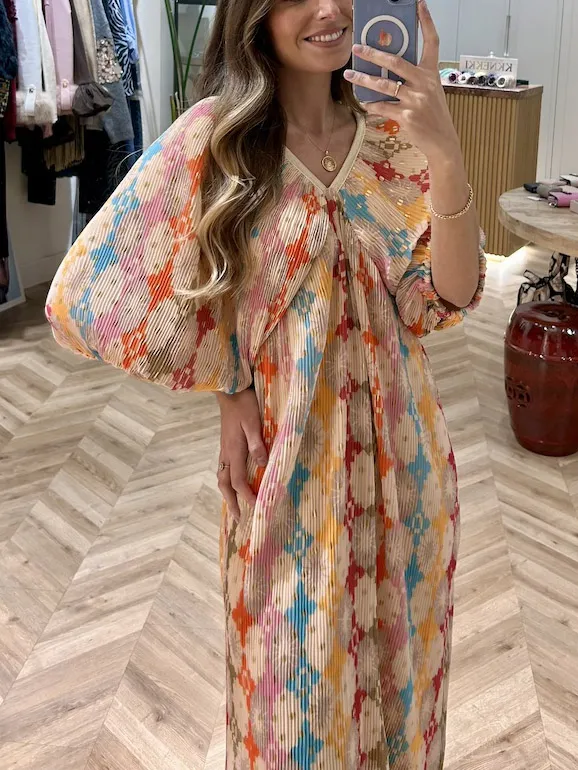 Mosaic Printed Puff Sleeve Pleated Midi Dress