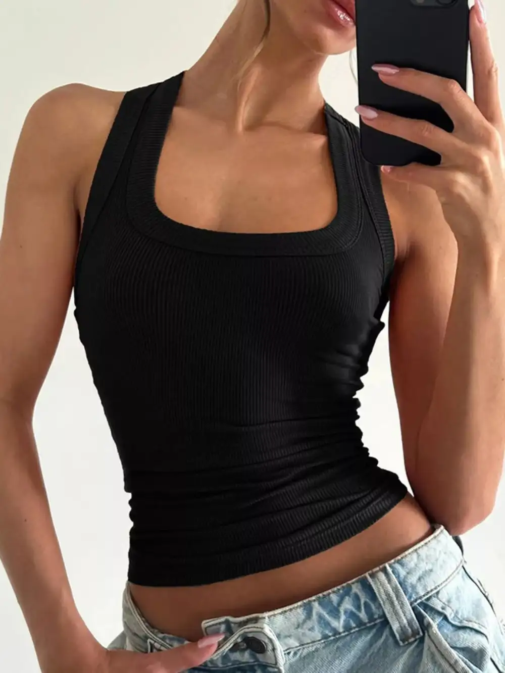 Square-Neck Ribbed Tank Top