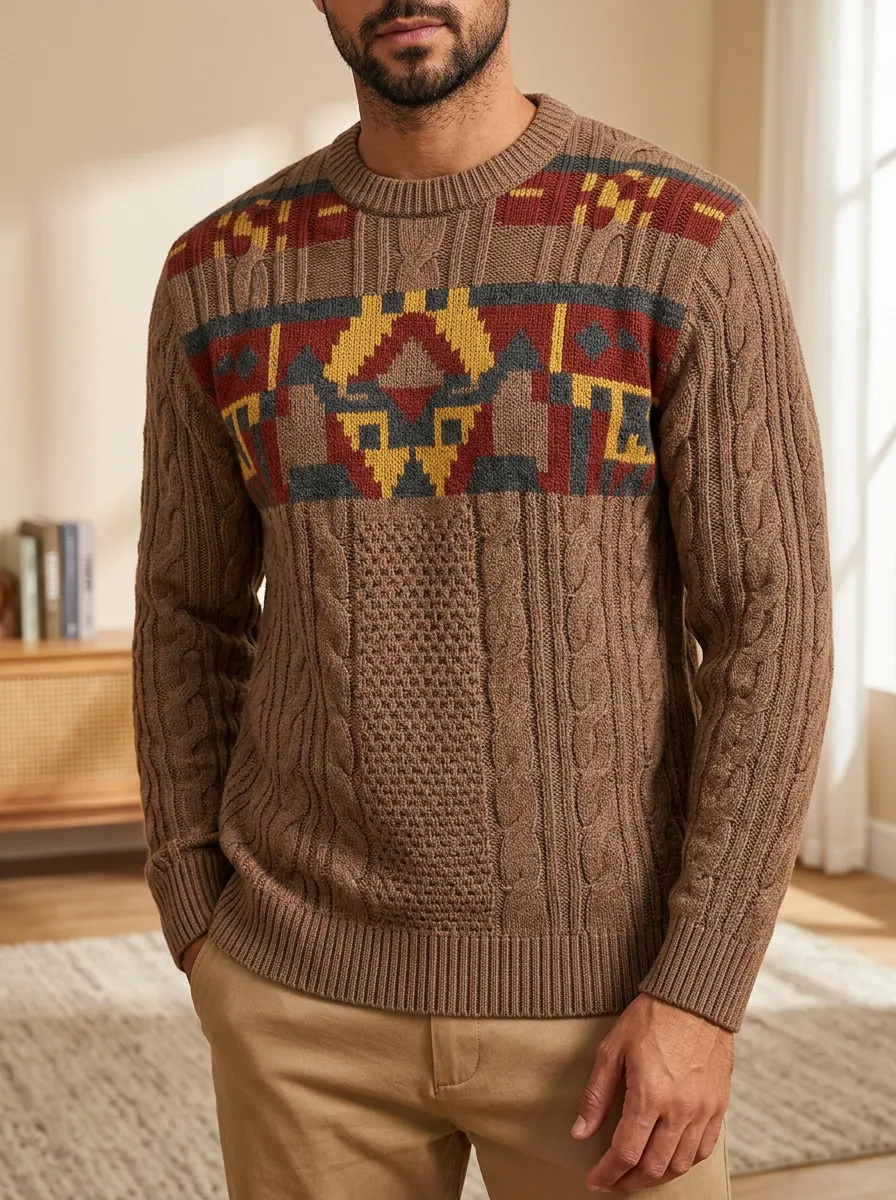 Men's Aztec Geometric Cable Knit Sweater
