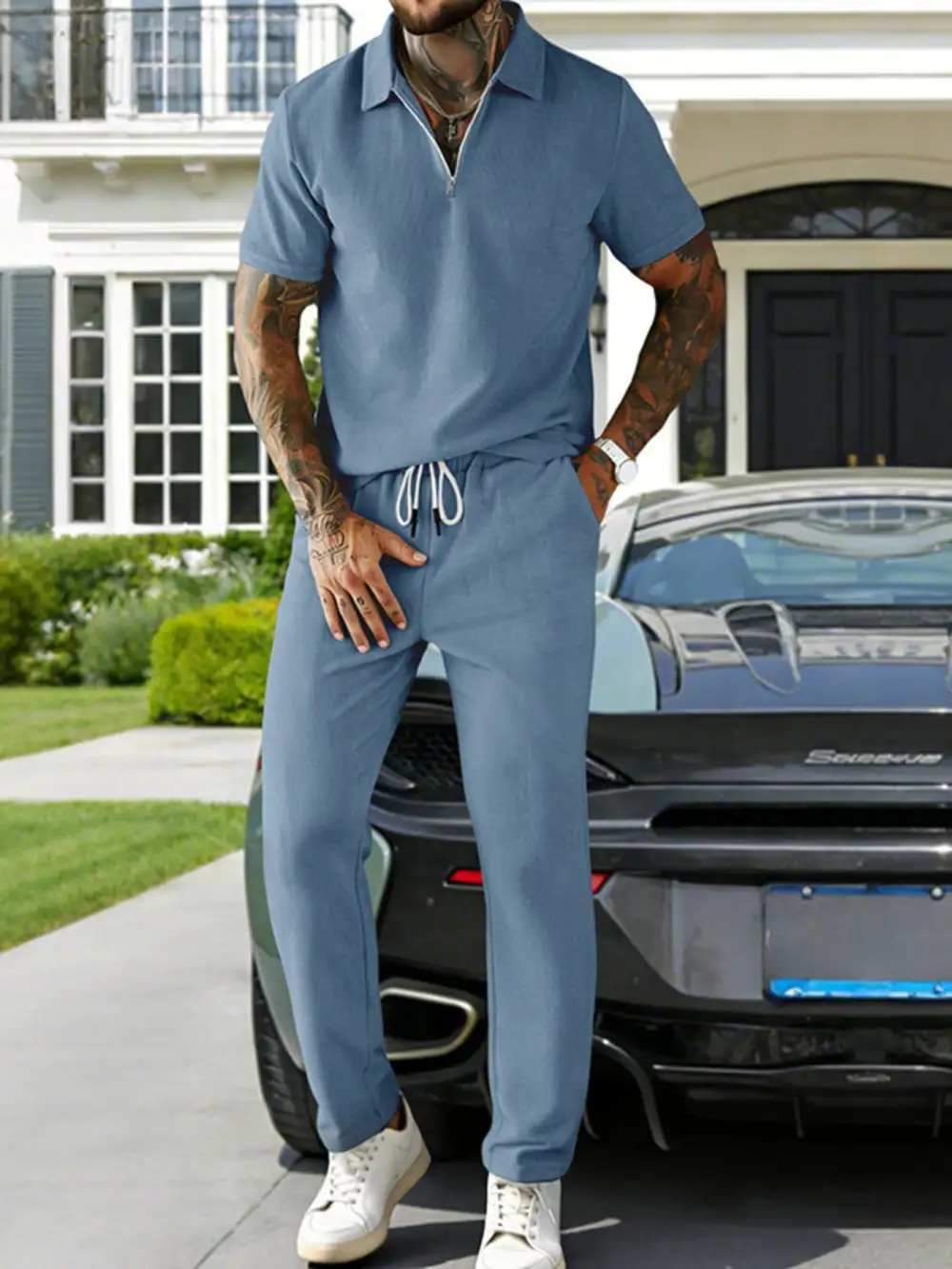 Men's Full Size Casual Zipper Polo Shirt and Pant Set