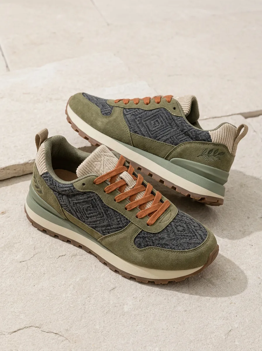 Women's Olive Geometric Pattern Suede Printed Sneakers