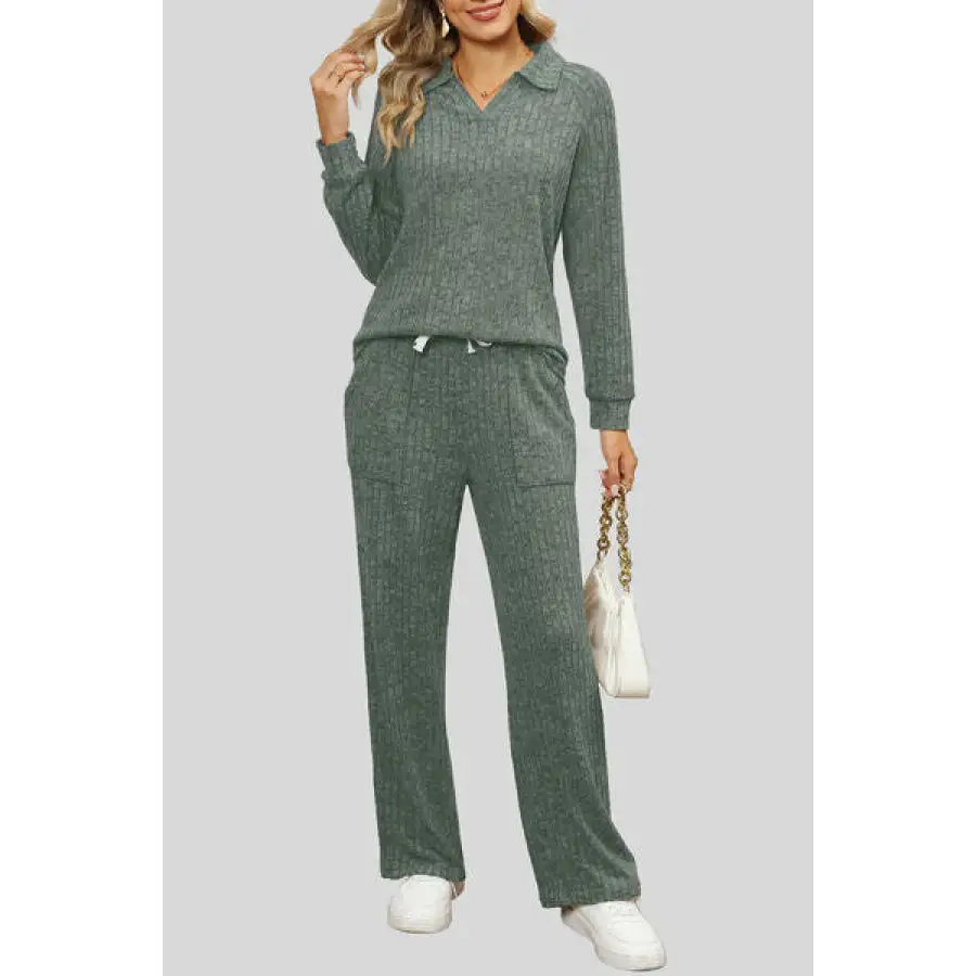 Ribbed Long Sleeve Top and Pocketed Pants Set