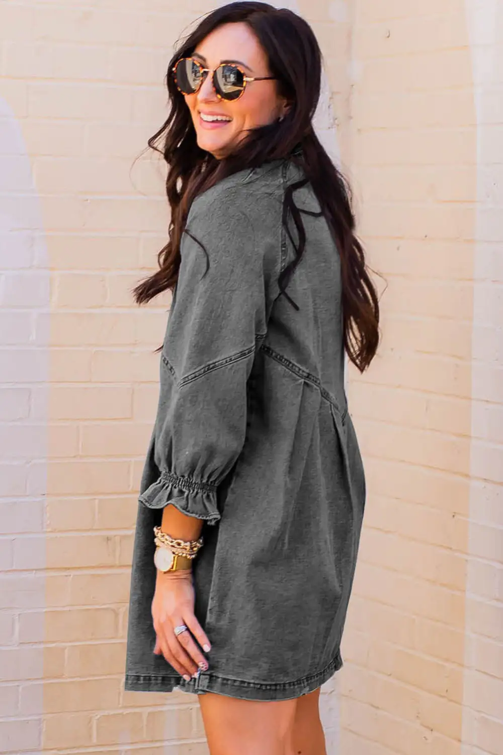 Buttoned Long Sleeve Denim Mini Dress
