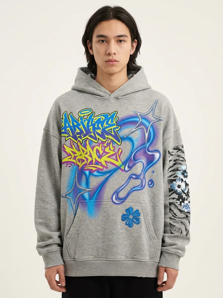 Unisex Streetwear Graffiti Star Floral Graphic Hoodie