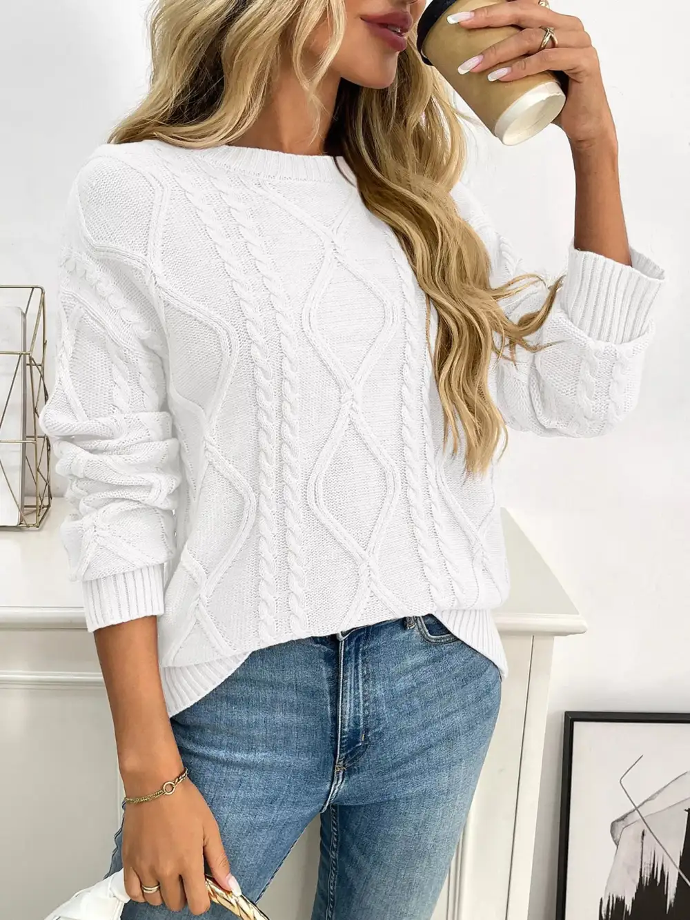 Long Sleeve Round Neck Cable Knit Sweater