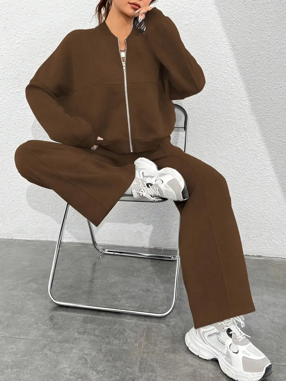 Zip-up Collarless‌ Cardigan Pants Set